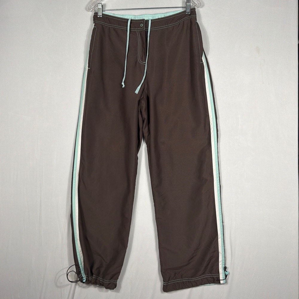Vtg Y2K Green Tea Track Pants M/L Grey Teal Striped Toggle Wide Leg Streetwear